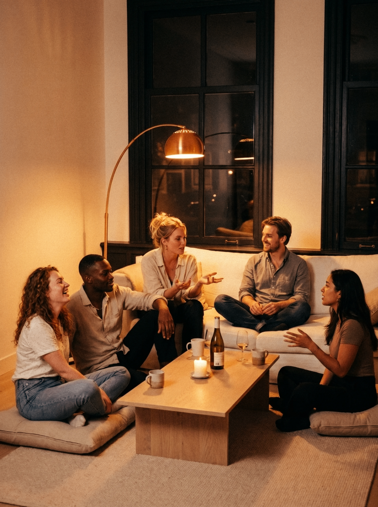 A group of people sitting together in a warmly lit living room, talking and listening